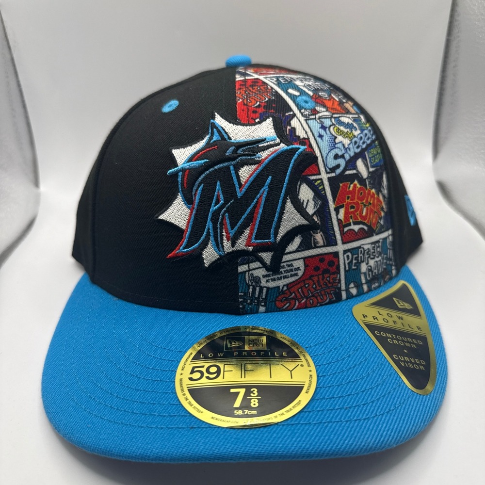 New Era 59FIFTY Low Profile Miami Marlins Comic Panel Fitted Hat 7 3/8 Black